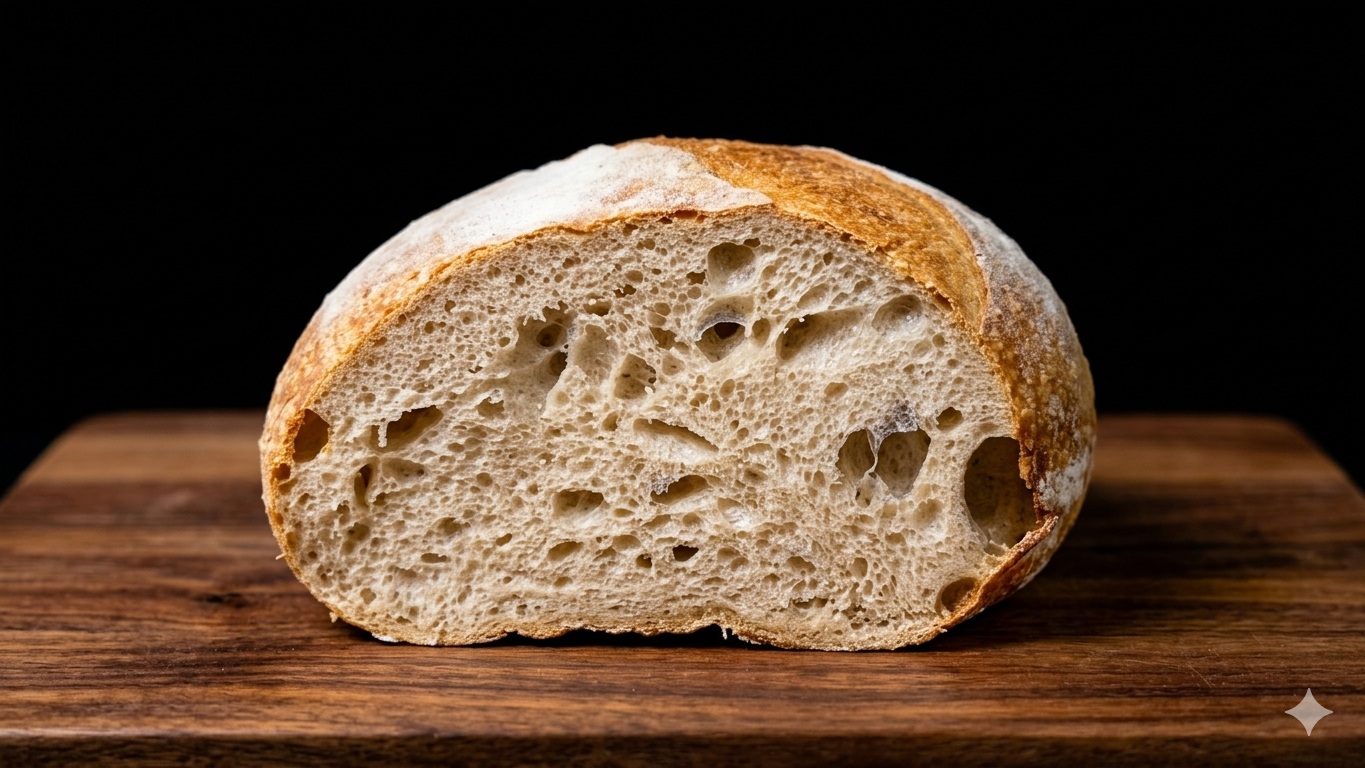 Pan de masa madre partido a la mitad