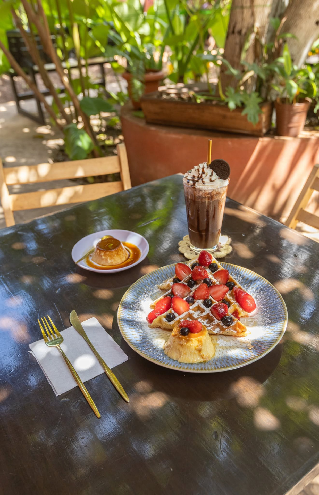 Waffles con fresas, flan y frappé servidos en el jardín